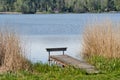A simple wooden jetty on a shore of lake or pond in Holany, Czech Republic Royalty Free Stock Photo
