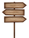 Simple wooden tripple direction arrow signpost roadsign made of natural dark wood with single pole and dark frame
