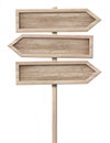 Simple wooden tripple direction arrow signpost roadsign made of natural wood with single pole and bright frame