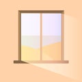 Simple wooden window icon isolated with nature landscape, sky, sand hills, sea. Morning window view with the lights of Royalty Free Stock Photo