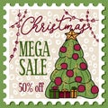 Simple Xmas cartoon illustration-stamp with christmas tree and gifts