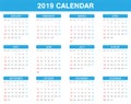 Simple 2019 year calendar set of all month