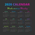 Simple 2020 year calendar, weeks start on Monday