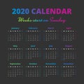 Simple 2020 year calendar, weeks start on Sunday