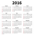 Simple 2016 year calendar on white background