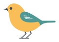 Simple yellow bird with a green wing standing. Cute cartoon bird character design. Geometric shape style fauna vector