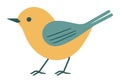 Simple yellow bird with a grey wing, standing. Cute cartoon bird in flat style vector illustration