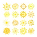 Simple yellow suns set vector flat illustration with round shape middle, cute summer image Royalty Free Stock Photo