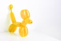 Simple yellow twisted balloon animal dog on white. Toy of balloons, free space for text. Balloon art.