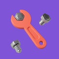 Simple yellow wrench tightens the nut and with the nuts around 3D render illustration.