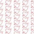 Simpler red heart seamless pattern for Valentine's day. Wax Charcoal pastel painting. Grunge hearts with arrows on Royalty Free Stock Photo