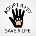 Adopt a pet, save a life. Text. Hand with paw. Royalty Free Stock Photo