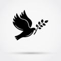 Black silhouette of  flying dove with  branch on grey background with shadow. Royalty Free Stock Photo
