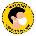 Man head with face mask. No entry without face mask text  on yellow-black tape sign. Royalty Free Stock Photo