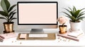 Simplicity in Bloom: Minimalist Desk Setup with Soft Blush Pink and Warm Honey Gold Accents