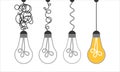 Simplification concept art with light bulb idea. Simple and creative think or search creative idea. Difficulty curve doodle path Royalty Free Stock Photo