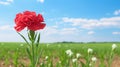 Simplified Beauty: Red Carnation In A Vibrant Green Field Royalty Free Stock Photo