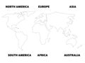 Simplified black outline of world map divided to six continents. Simple flat vector illustration on white background Royalty Free Stock Photo