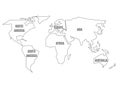 Simplified black outline of world map divided to six continents. Simple flat vector illustration on white background Royalty Free Stock Photo