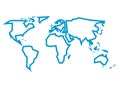 Simplified blue thick outline of world map divided to six continents. Simple flat vector illustration on white Royalty Free Stock Photo