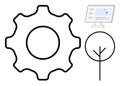 Simplified Gear, Computer Interface, and Tree Representing Technology, Nature, and Innovation Royalty Free Stock Photo