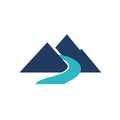 Simplified graphic of two navy-blue mountains with a curving light blue river flowing Royalty Free Stock Photo