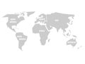 Simplified grey silhouette of world map divided to six continents. Simple flat vector illustration on white background