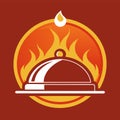 A simplified icon with a red background, a yellow circle of fire, and a silver food dome on a platter, Develop a polished icon