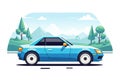 Simplified illustration of a blue coupe car set against a stylized landscape with Royalty Free Stock Photo