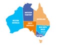 Simplified map of Australia divided into states and territories. Four colors map with white borders and labels. Vector