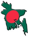 Simplified map of Bangladesh outline, with slightly bent flag un