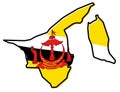 Simplified map of Brunei outline, with slightly bent flag under