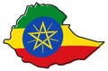 Simplified map of Ethiopia outline, with slightly bent flag under it.