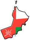Simplified map of Oman outline, with slightly bent flag under it