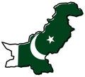 Simplified map of Pakistan outline, with slightly bent flag under it.