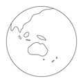 Simplified outline Earth globe with map of World focused on Australia and Oceania. Vector illustration