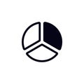 Simplified pie chart icon with three equal segments in minimalistic black and white design