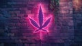 Simplified weed leaf-shaped neon sign on a brick wall, adding a touch of urban flair. Ai Generated