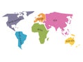 Simplified world map divided to six continents in different colors. Simple flat vector illustration.