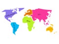 Simplified world map divided to six continents in different colors. Simple flat vector illustration.