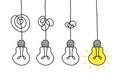 Simplifying the complex, confusion clarity or path vector idea concept with lightbulbs doodle illustration Royalty Free Stock Photo