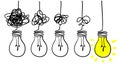 Simplifying the complex, confusion clarity or path vector idea concept with lightbulbs doodle illustration Royalty Free Stock Photo