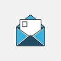Simplistic illustration of an open blue envelope with a white card inside. The card has Royalty Free Stock Photo