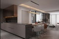 Simplistic modern dining room integrated kitchen with subtle elegance