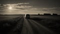 Simplistic Van Driving On Dirt Road: A Monochromatic Photojournalistic Capture Royalty Free Stock Photo