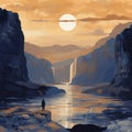 Simplistic Vector Art Of Person On Waterfall In Rocky Mountain Landscape