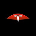 Simplistic Vector Art: Red Tesla Logo On Dynamic Black Background