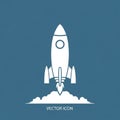 A simplistic, white vector icon of a rocket launching on a solid blue background Royalty Free Stock Photo