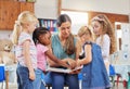 This is simply the best way for little kids to learn. a young woman reading to her preschool students. Royalty Free Stock Photo