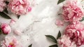 Simply elegant peony bouquet framing white marble background